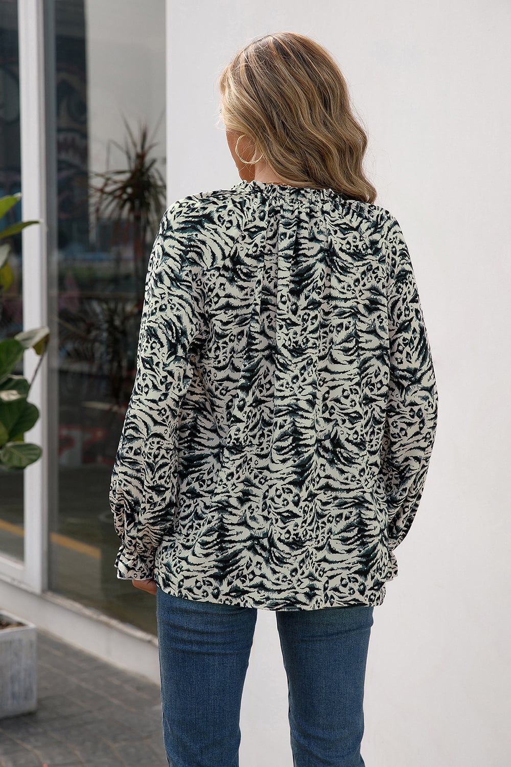 Printed Tie Neck Frill Trim Flounce Sleeve Blouse  Shirts & Tops- Doll Fits