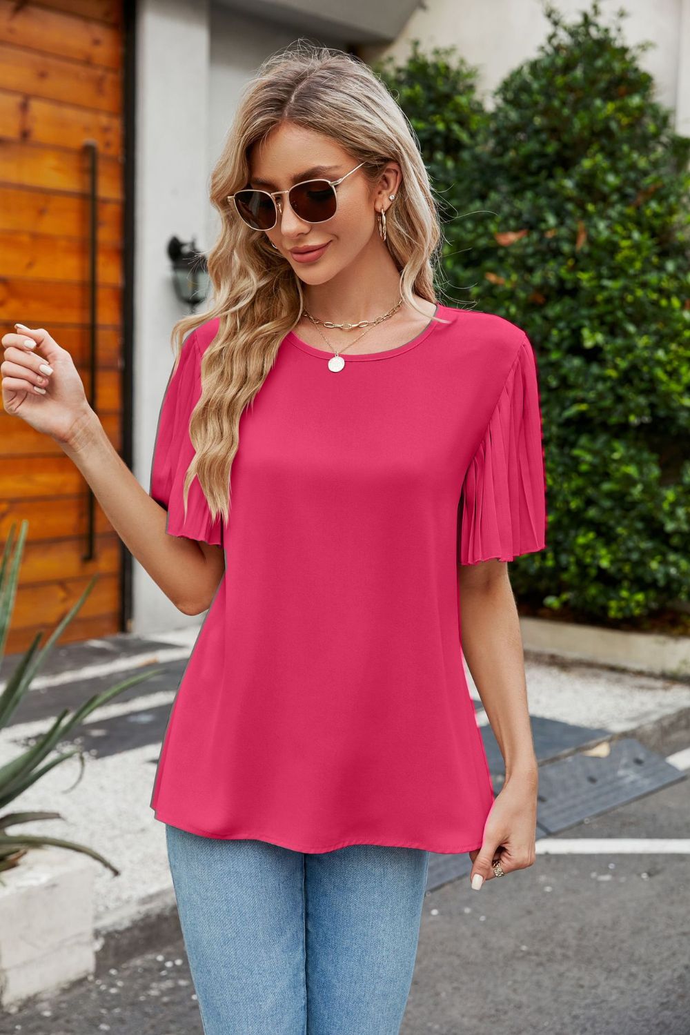 Pleated Flutter Sleeve Round Neck Blouse  Shirts & Tops- Doll Fits