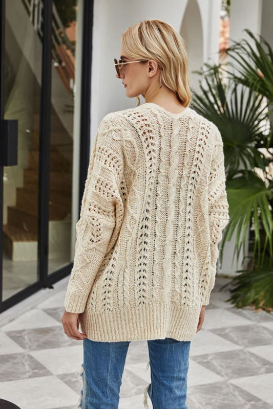 Ribbed Trim Openwork Open Front Cardigan  Coats & Jackets- Doll Fits