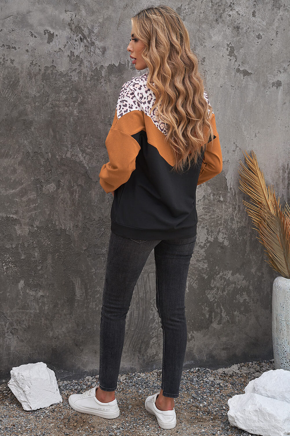Leopard Color Block Quarter-Zip Sweatshirt  Shirts & Tops- Doll Fits