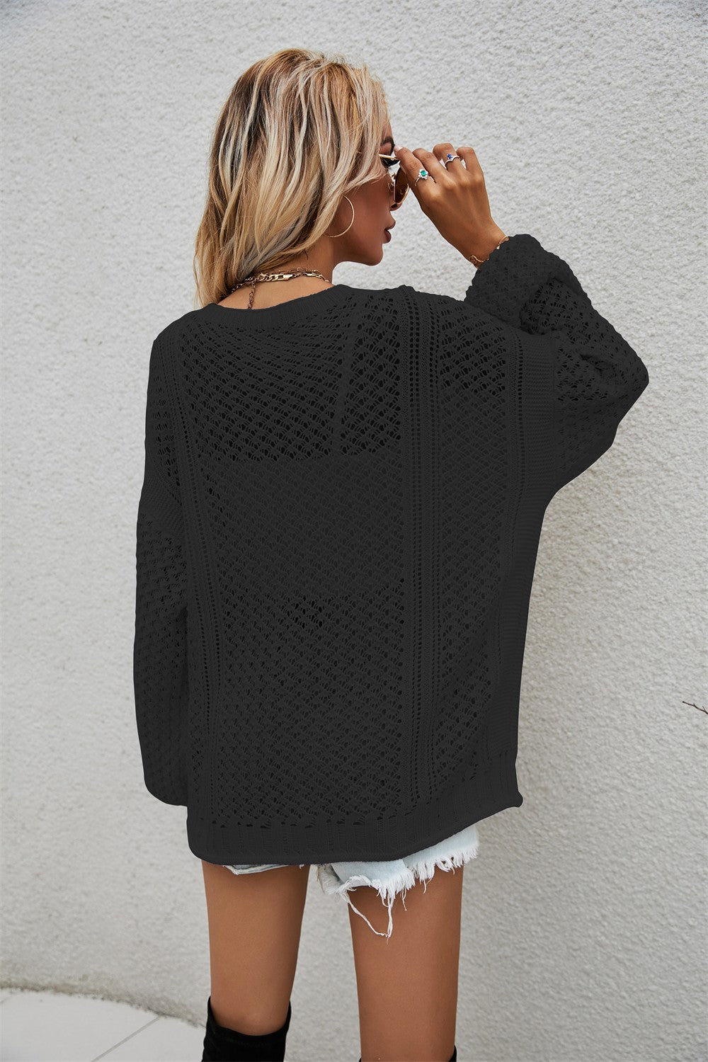 Openwork V-Neck Dropped Shoulder Cardigan  Coats & Jackets- Doll Fits