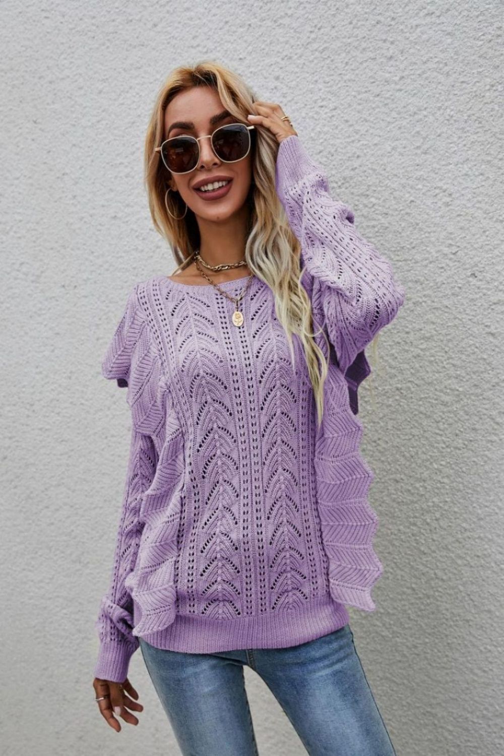 Openwork Round Neck Ruffled Sweater  Shirts & Tops- Doll Fits