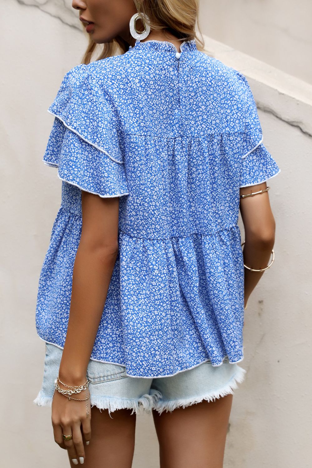 Ditsy Floral Layered Flutter Sleeve Blouse  Shirts & Tops- Doll Fits