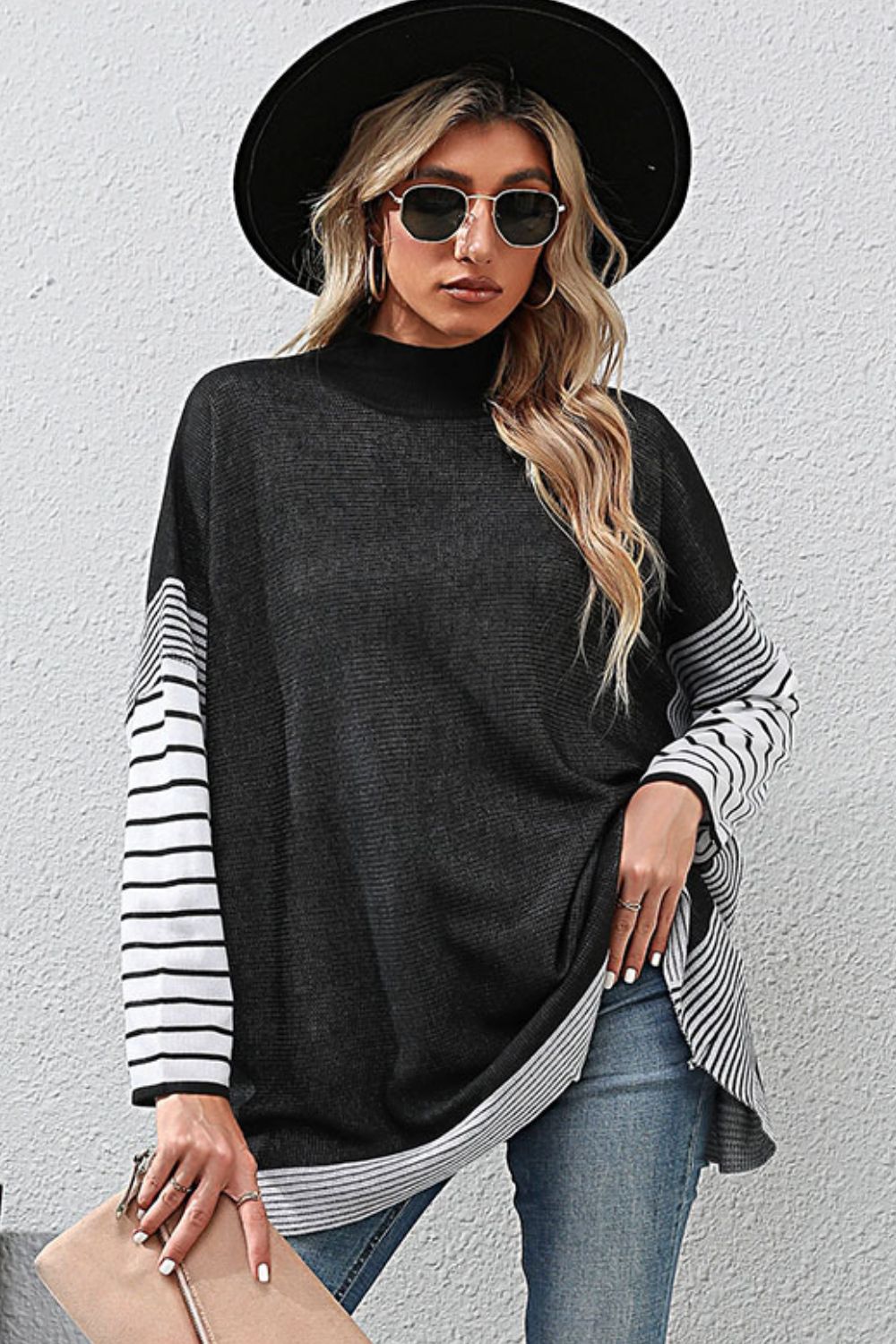 Striped Dolman Sleeve Mock Neck Knit Pullover  Shirts & Tops- Doll Fits