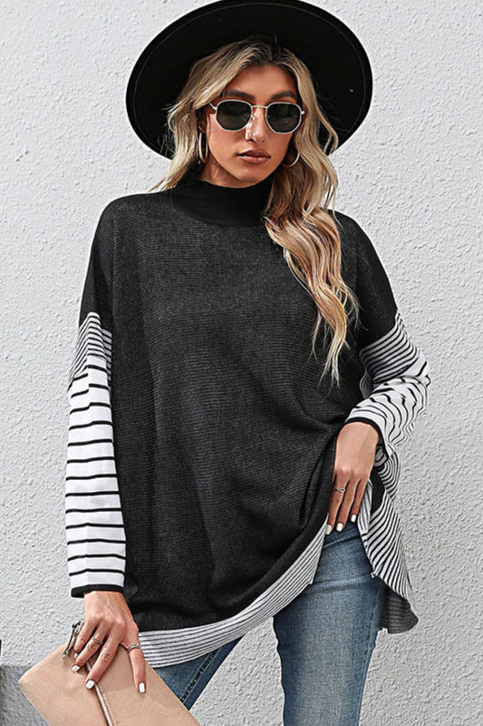 Striped Dolman Sleeve Mock Neck Knit Pullover  Shirts & Tops- Doll Fits