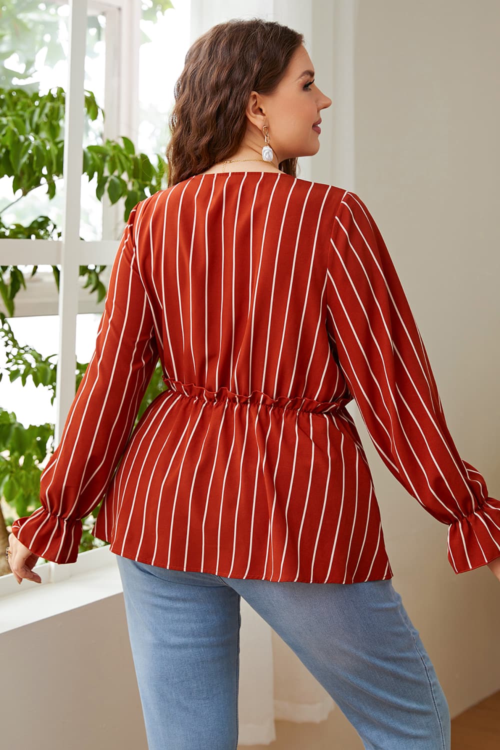 Melo Apparel Plus Size V-Neck Frill Trim Blouse  - Doll Fits