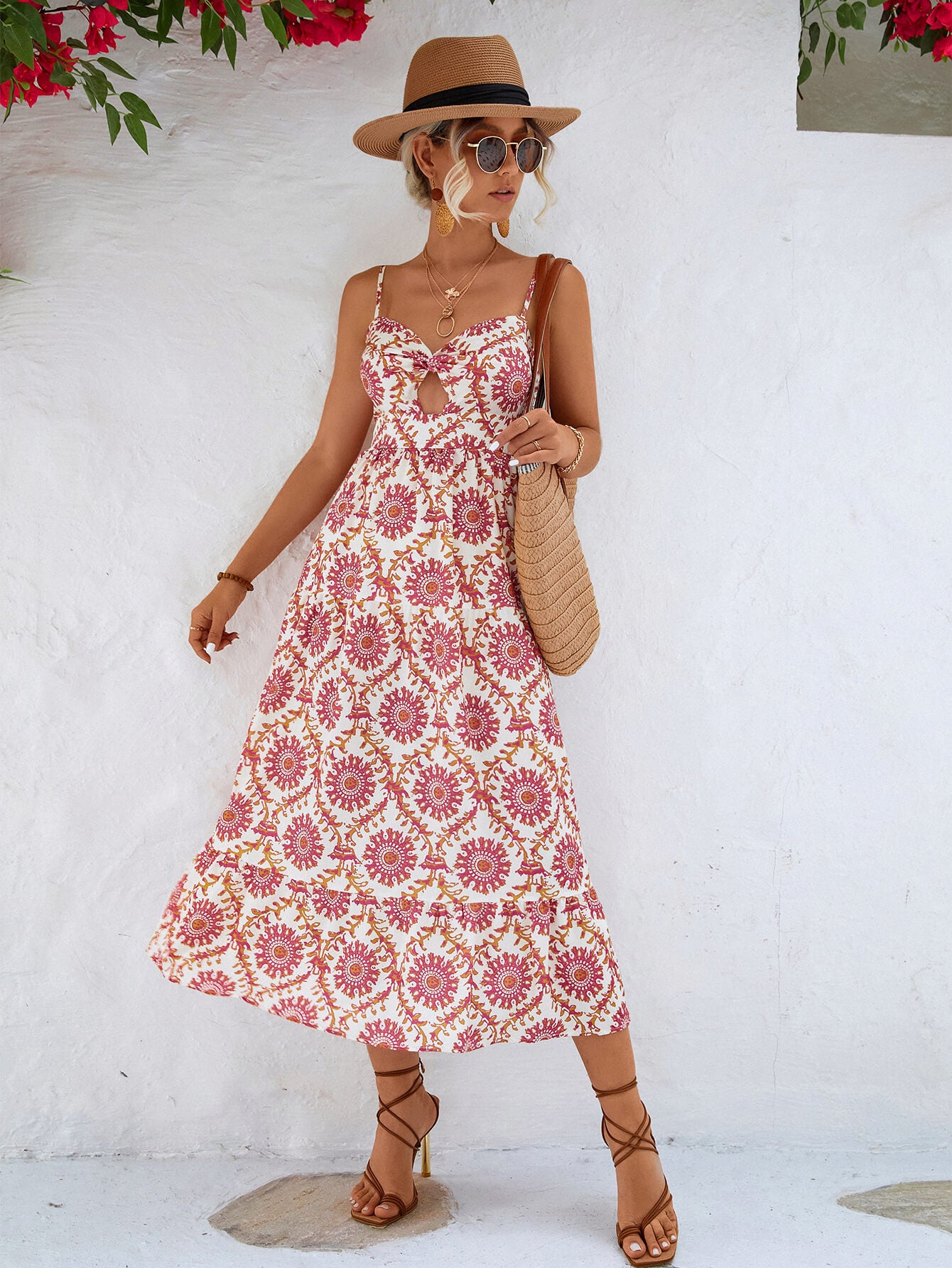 Printed Cutout Spaghetti Strap Midi Dress  Dresses- Doll Fits