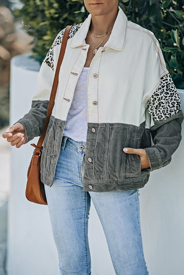 Leopard Color Block Button-Up Corduroy Shacket  - Doll Fits