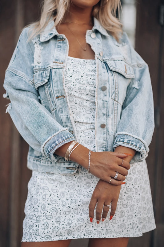 Distressed Drop Shoulder Denim Jacket  - Doll Fits