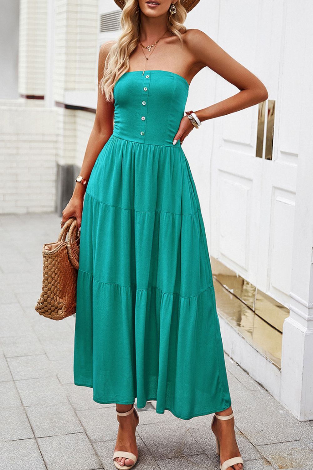 Strapless Buttoned Tiered Dress with Pockets  Dresses- Doll Fits