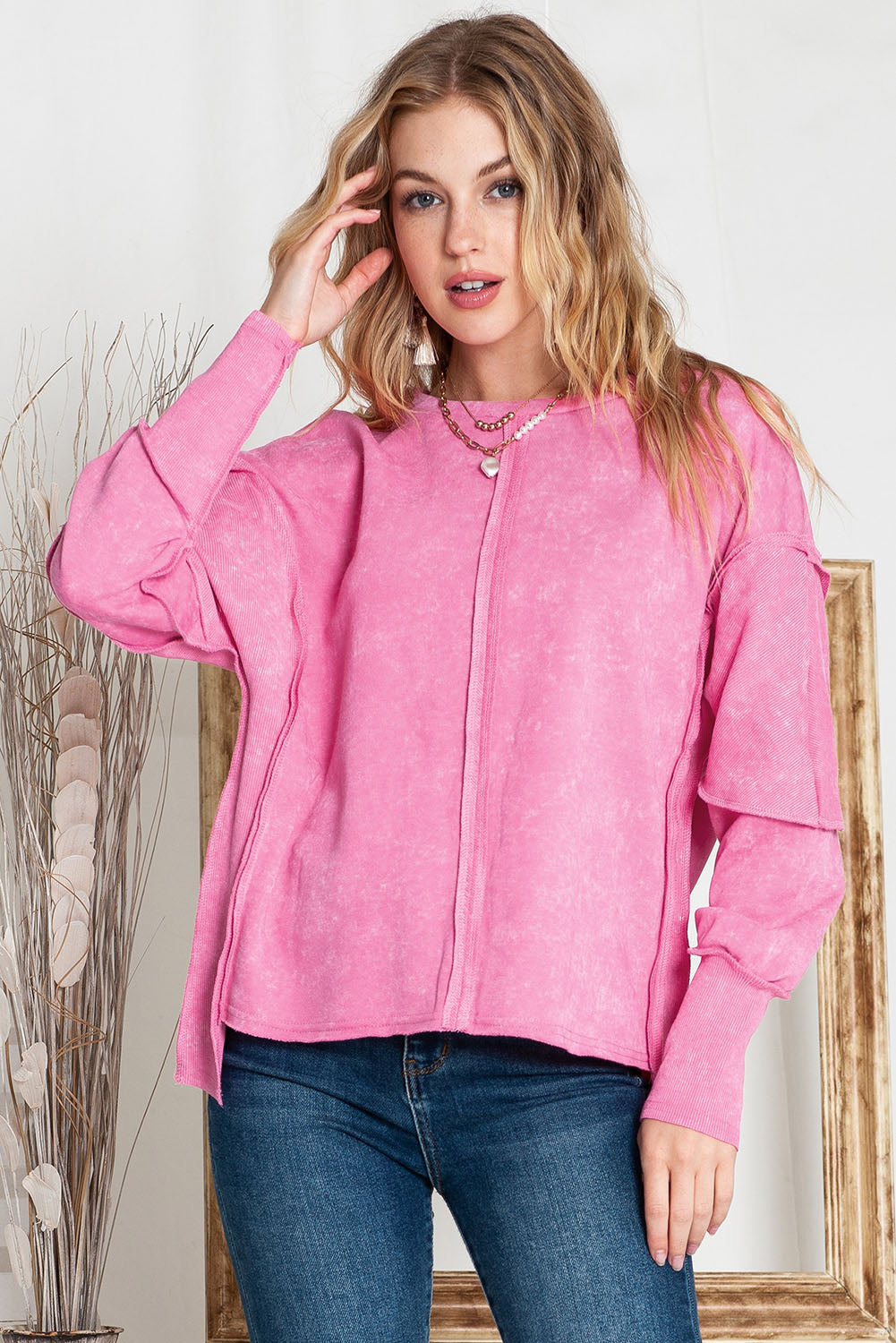 Exposed Seams Round Neck Dropped Shoulder Sweatshirt  - Doll Fits