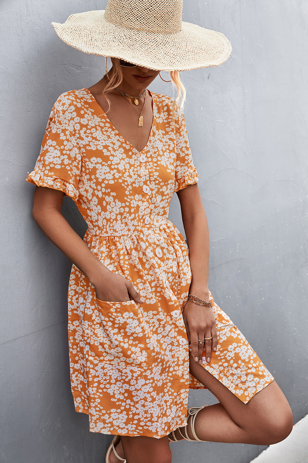 Printed Button down Pocketed Dress  Dresses- Doll Fits