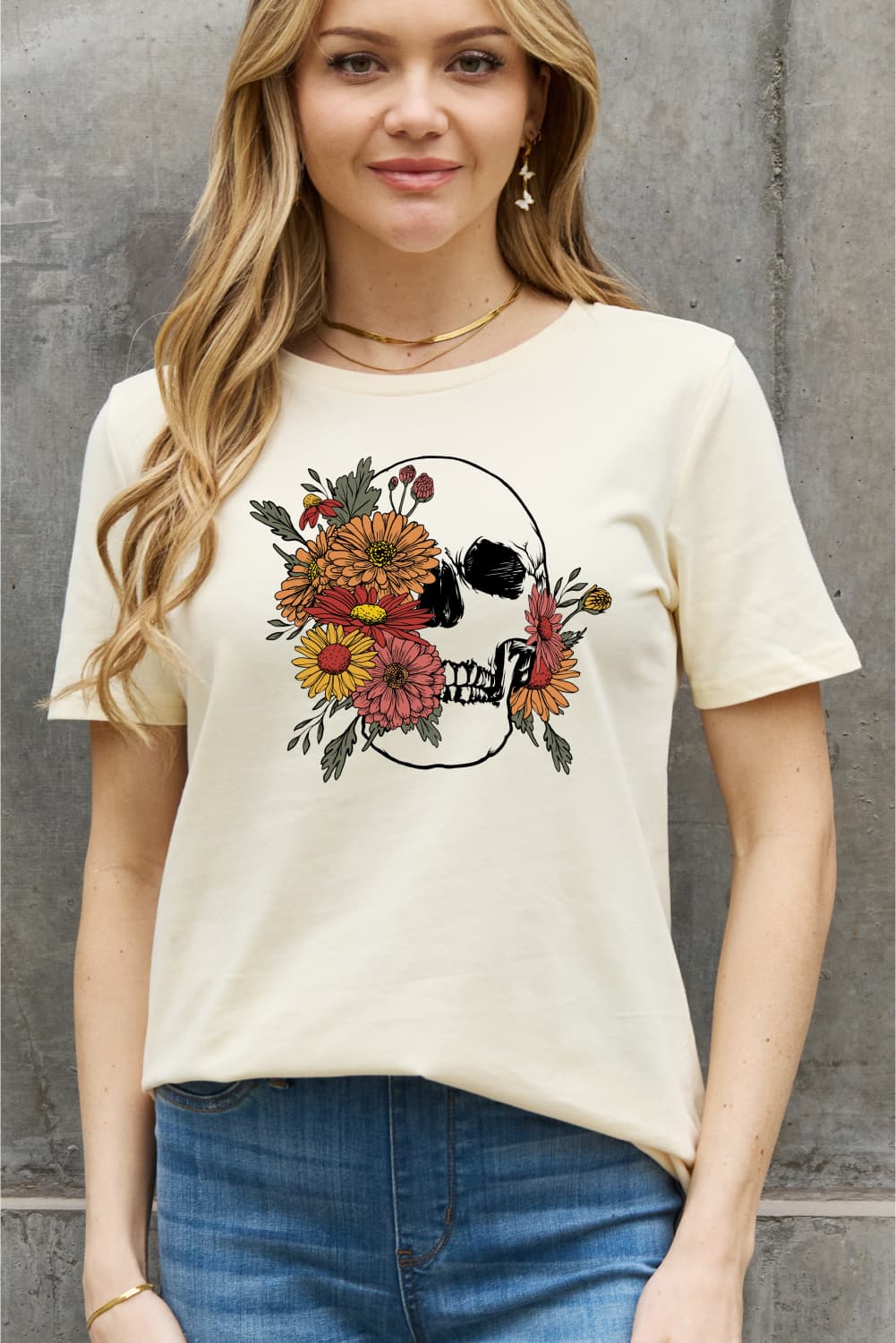 Simply Love Full Size Flower Skull Graphic Cotton Tee  Shirts & Tops- Doll Fits