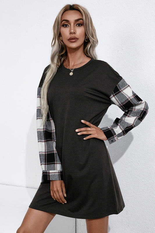 Palmer Plaid Sleeve Contrast T-Shirt Dress  Dresses- Doll Fits