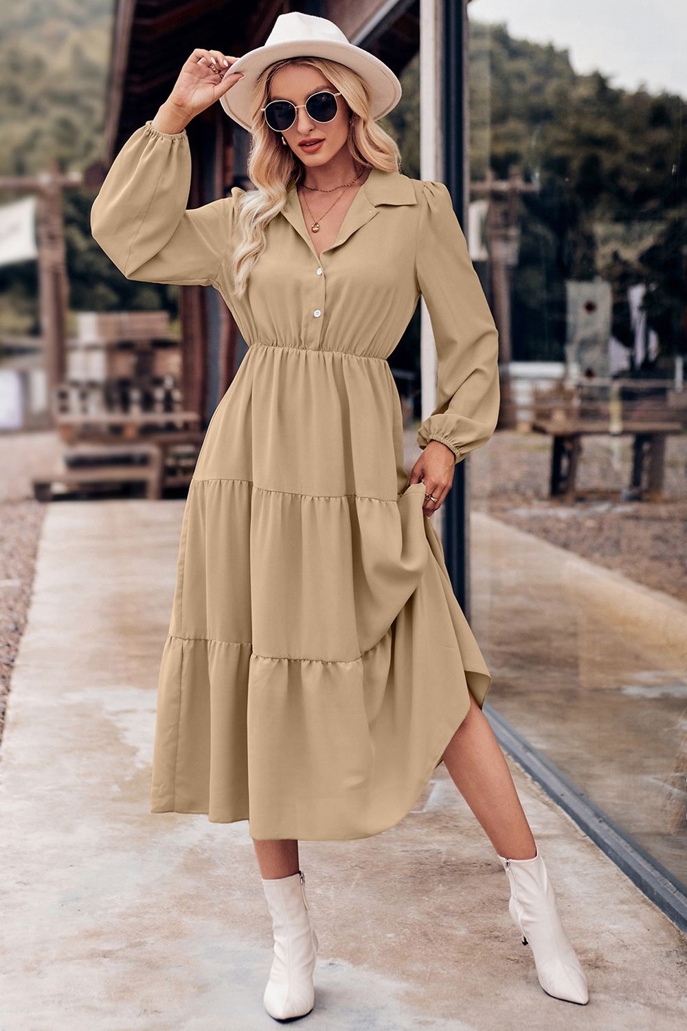 Collared Neck Long Sleeve Midi Dress  Dresses- Doll Fits