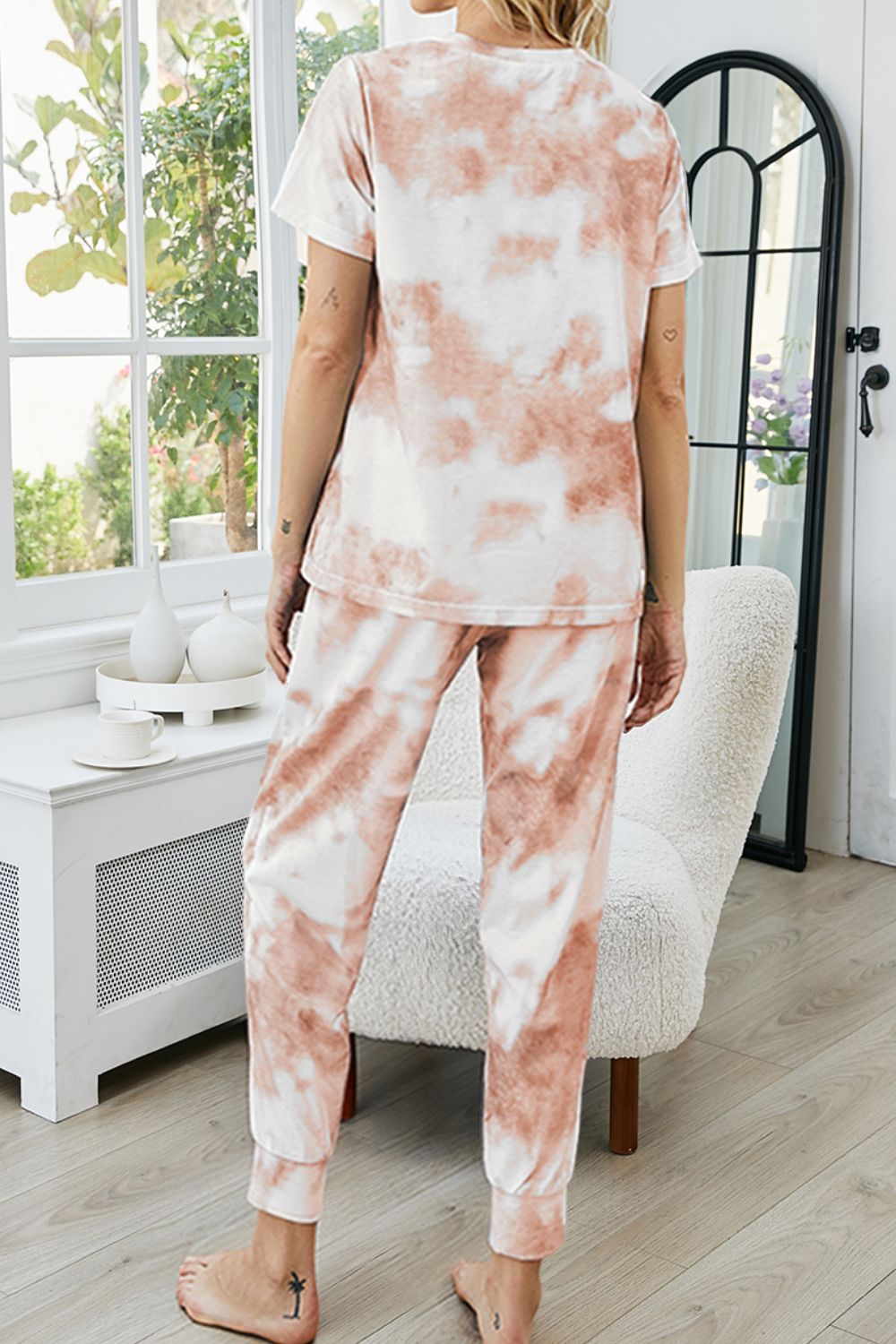 Tie-Dye Round Neck Short Sleeve Top and Pants Lounge Set  Outfit Sets- Doll Fits