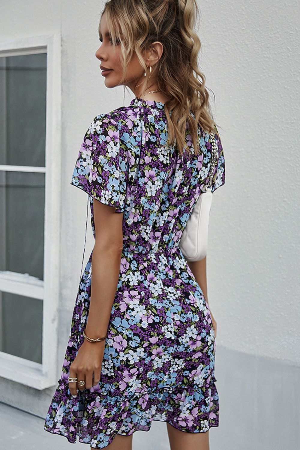 Floral Tie-Neck Flutter Sleeve Mini Dress  Dresses- Doll Fits