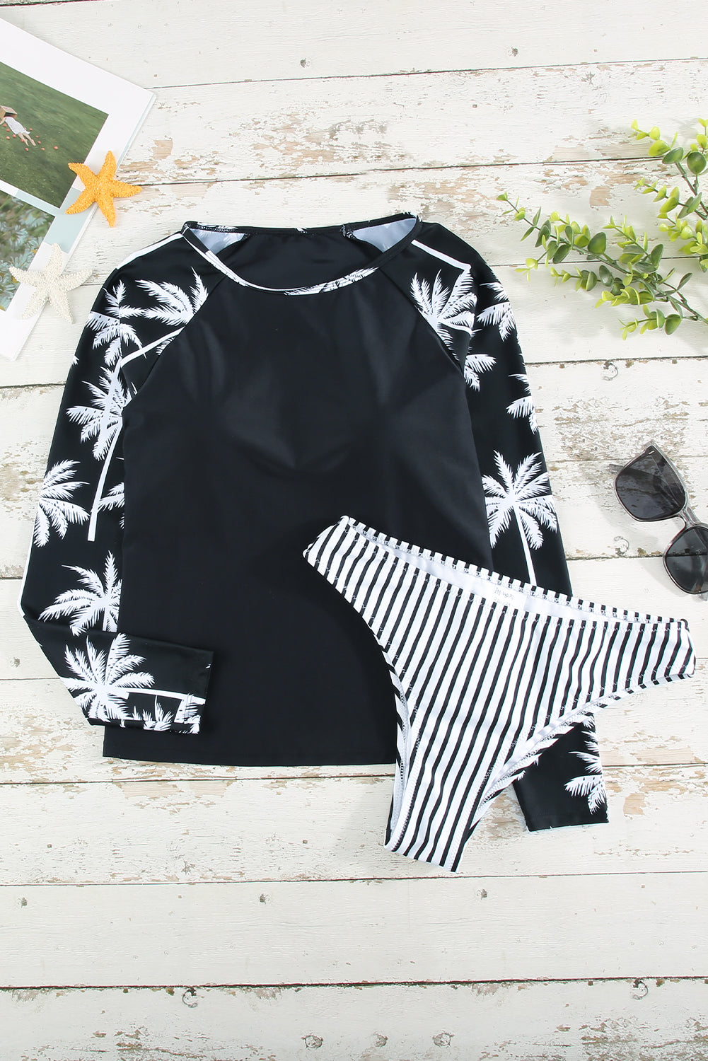 Printed Raglan Sleeve Two-Piece Rash Guard Swimsuit Set  Swimwear- Doll Fits