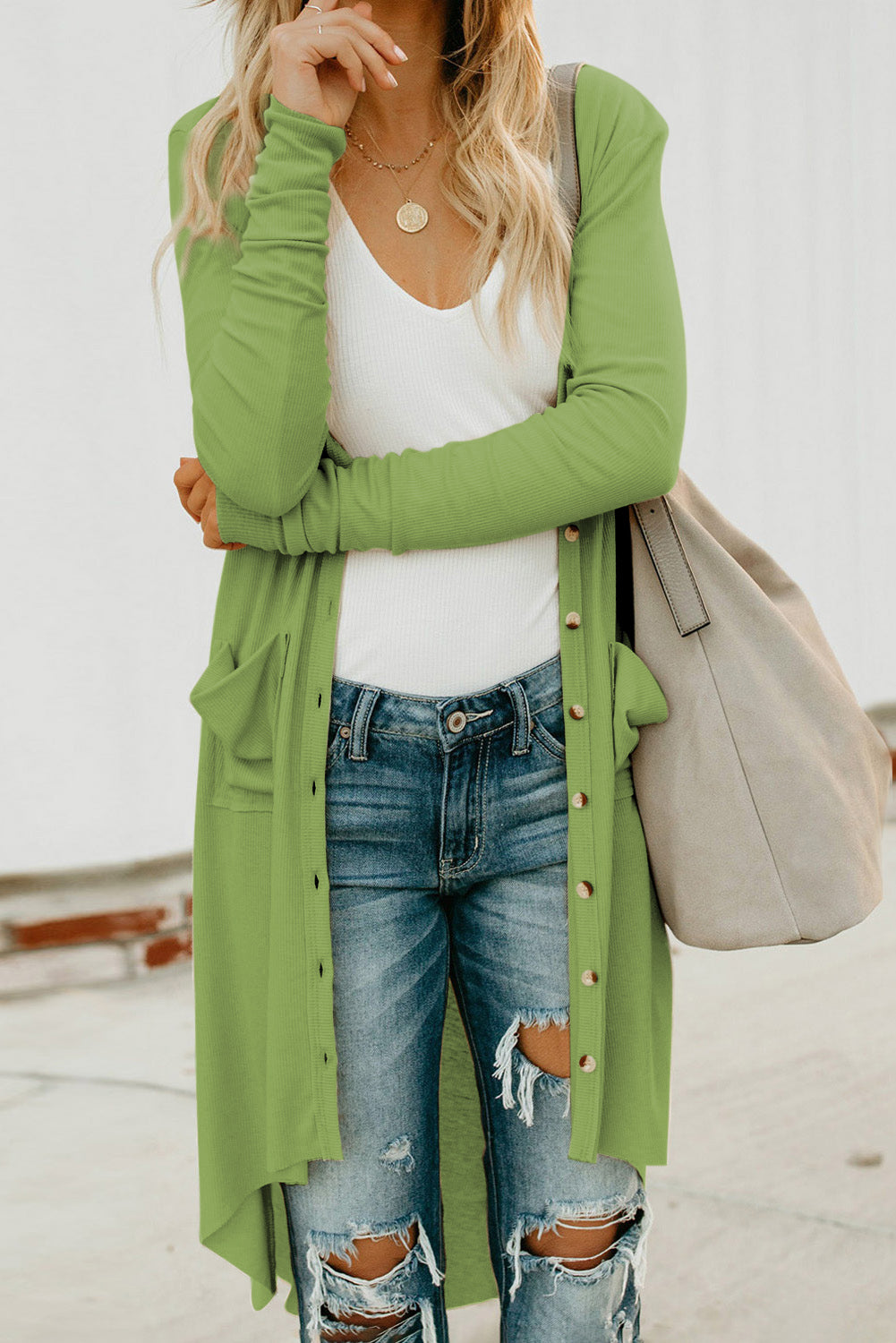 V-Neck Long Sleeve Cardigan with Pocket  - Doll Fits