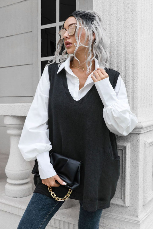 V-Neck Sleeveless Sweater Vest with Pocket  - Doll Fits