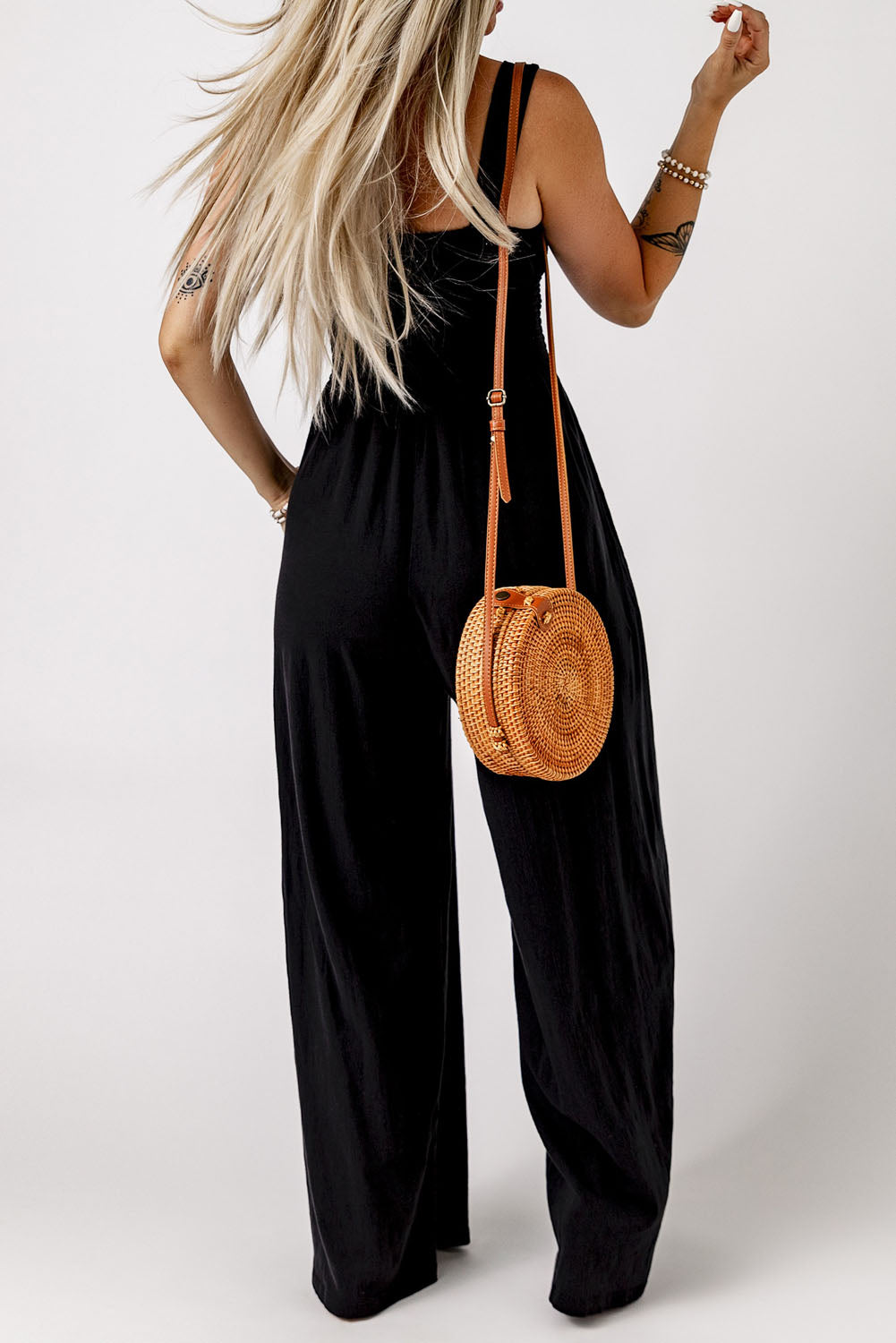 Smocked Square Neck Wide Leg Jumpsuit with Pockets  Jumpsuits & Rompers- Doll Fits