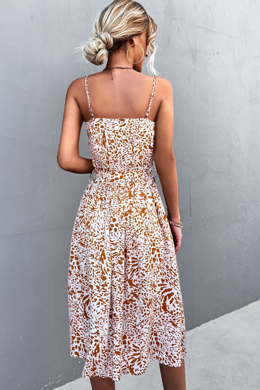 Printed Spaghetti Strap Decorative Button Belted Dress  Dresses- Doll Fits