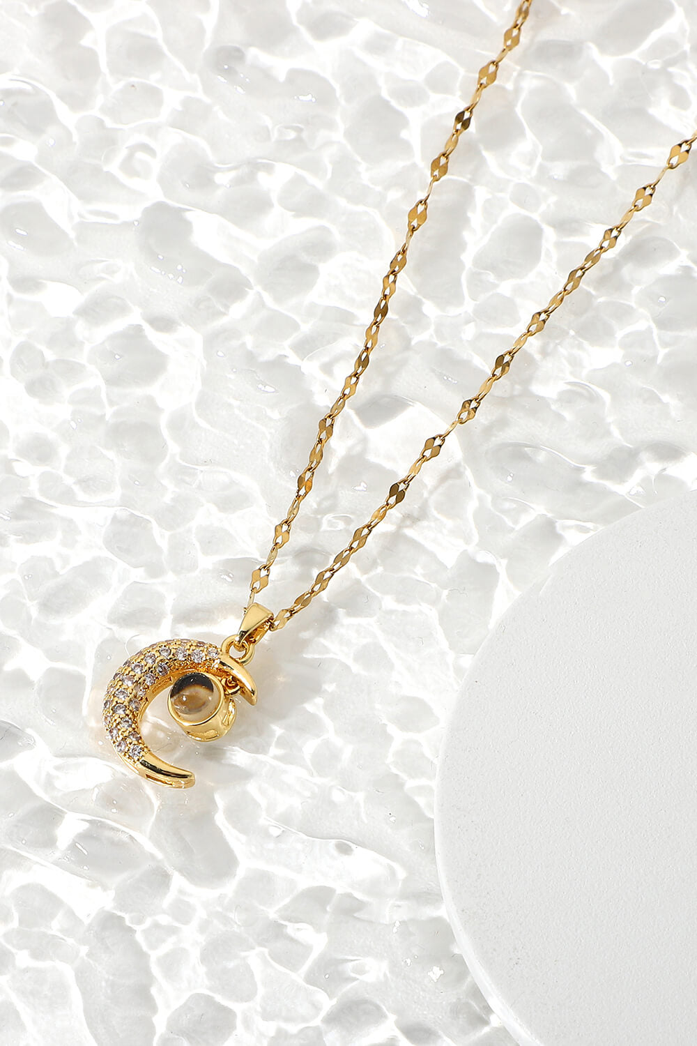 Inlaid Cubic Zirconia Moon Pendant Necklace  Necklaces- Doll Fits