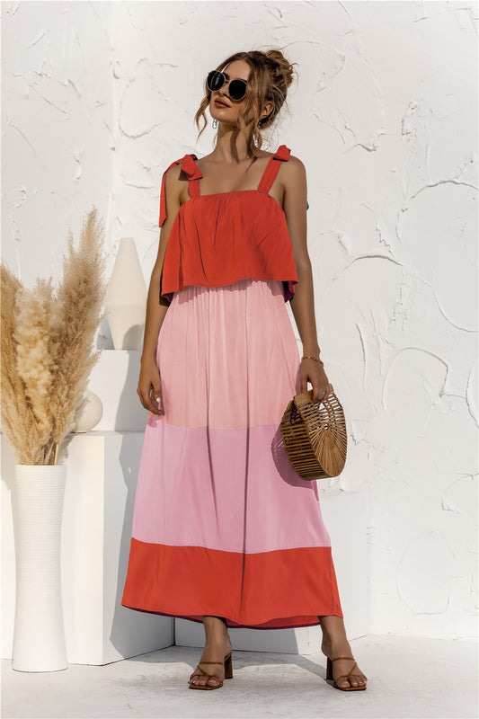 Color Block Tie Shoulder Tiered Sleeveless Dress  Dresses- Doll Fits
