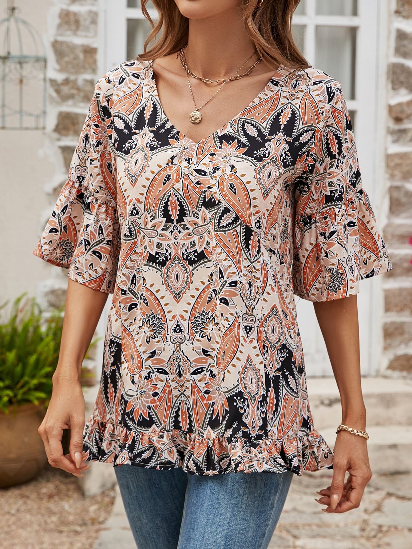Printed Flounce Sleeve Ruffle Hem Blouse  Shirts & Tops- Doll Fits