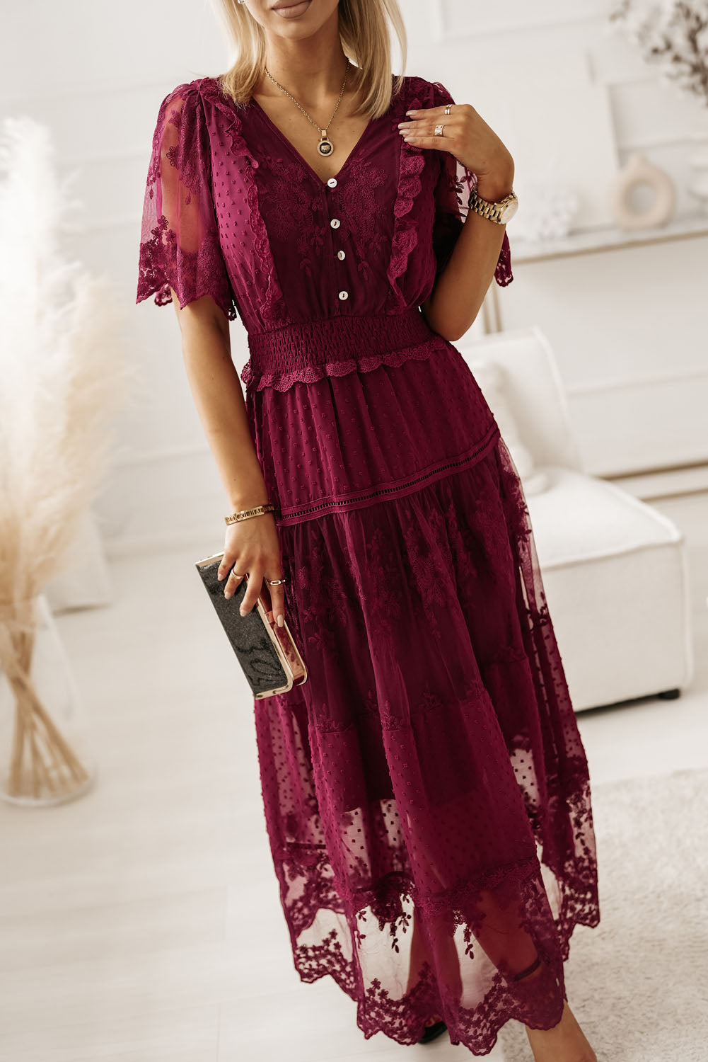 Swiss Dot Buttoned Smocked Waist Dress  Dresses- Doll Fits