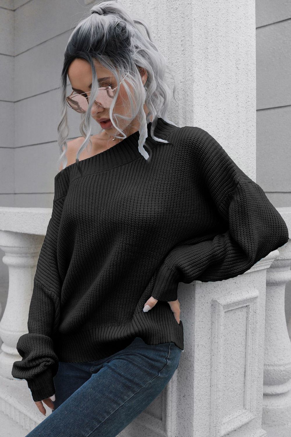 Off-Shoulder Ribbed Long Sleeve Pullover Sweater  - Doll Fits