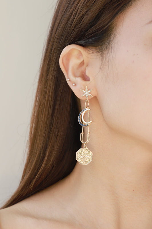 Inlaid Rhinestone Moon and Star Drop Earrings  Earrings- Doll Fits