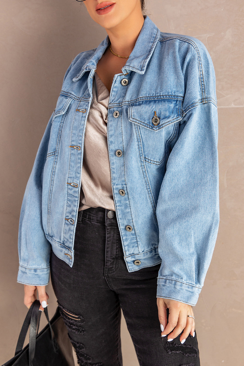 Button Down Dropped Shoulder Denim Jacket  Coats & Jackets- Doll Fits