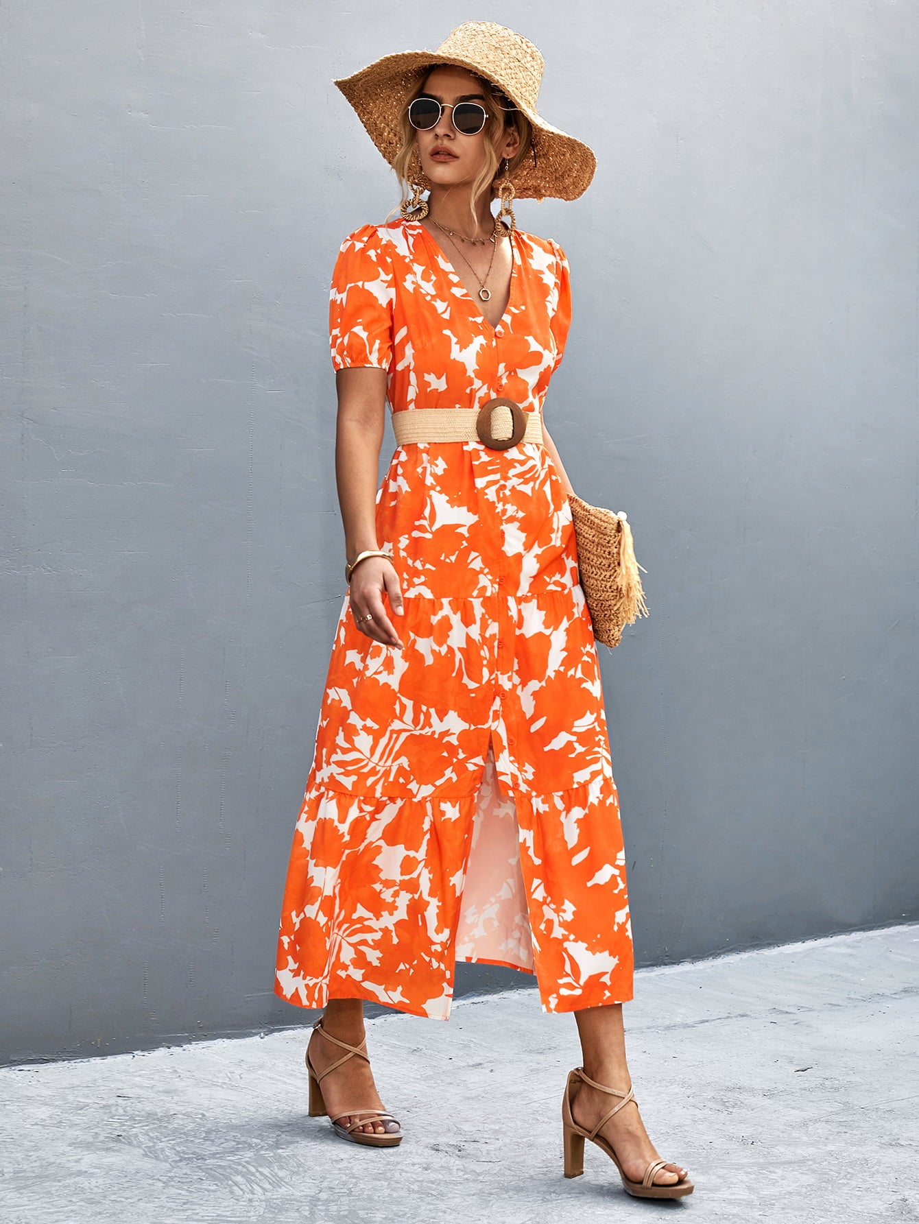 V-Neck Short Sleeve High Slit Midi Dress  Dresses- Doll Fits