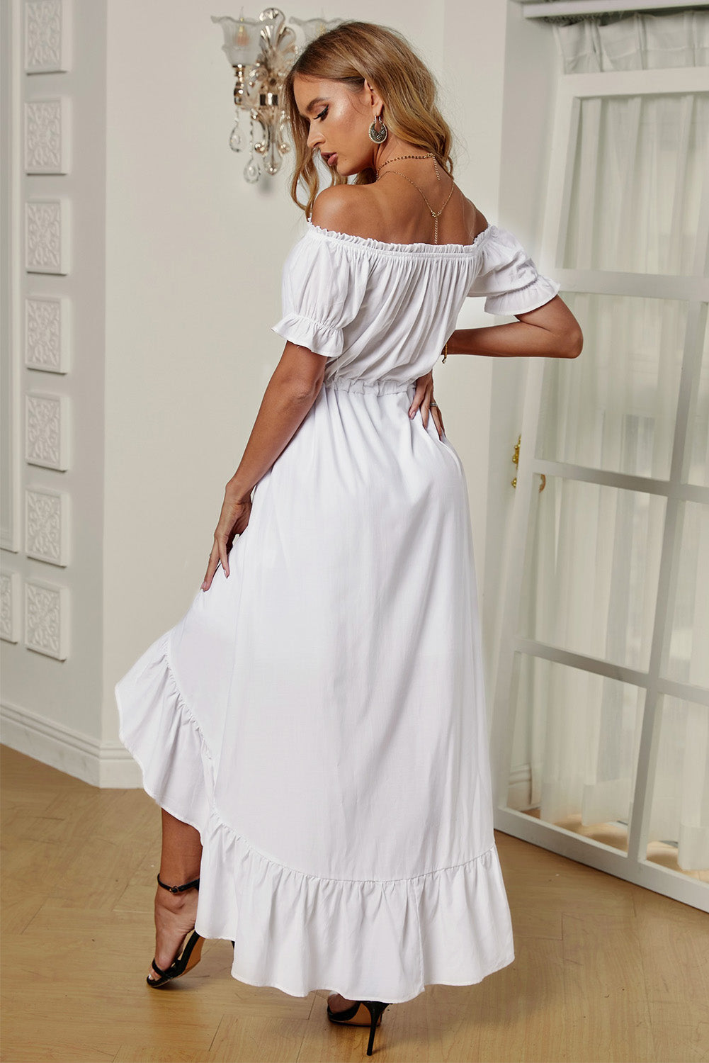Off-Shoulder Drawstring Waist Ruffled High-Low Dress  Dresses- Doll Fits