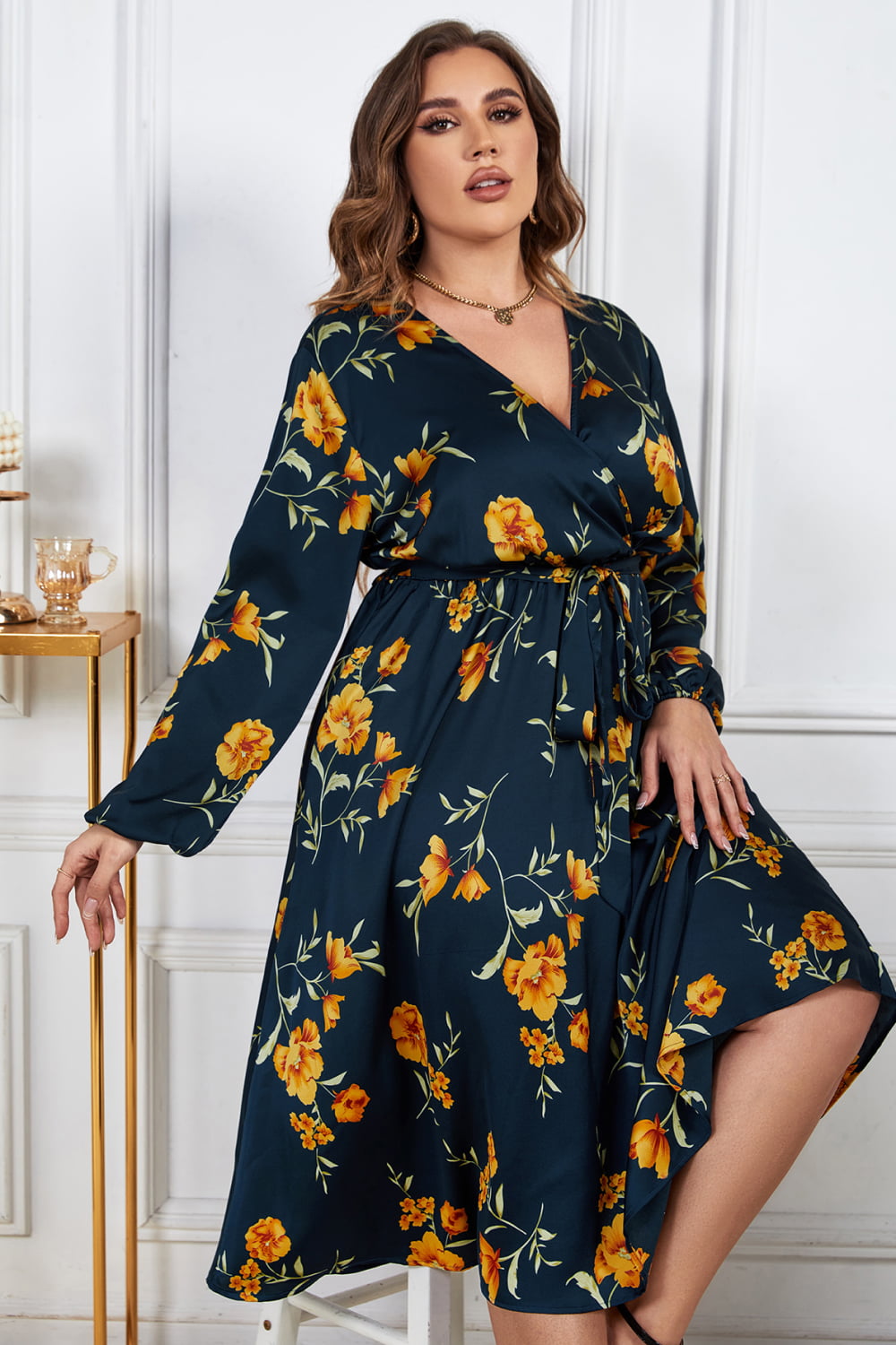 Melo Apparel Plus Size Floral Print Surplice Neck Midi Dress  Dresses- Doll Fits