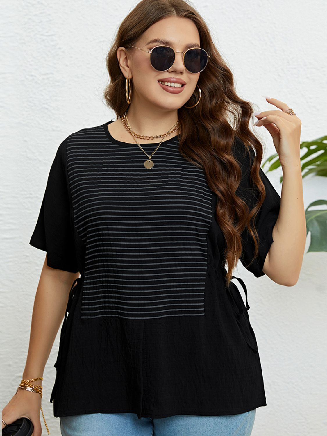 Plus Size Striped Drawstring Slit Top  Shirts & Tops- Doll Fits