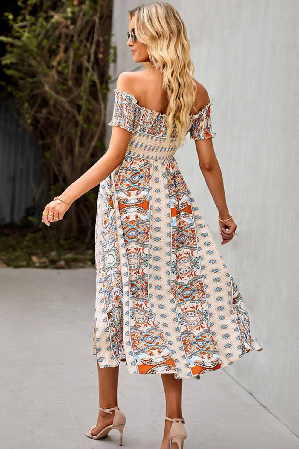 Bohemian Off-Shoulder Frill Trim Split Dress  Dresses- Doll Fits