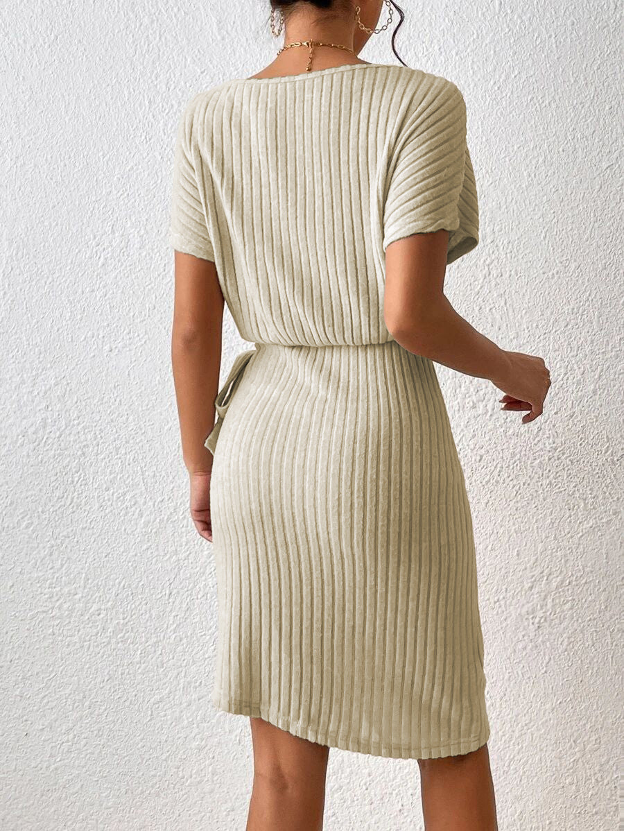 Ribbed Boat Neck Short Sleeve Dress  Dresses- Doll Fits