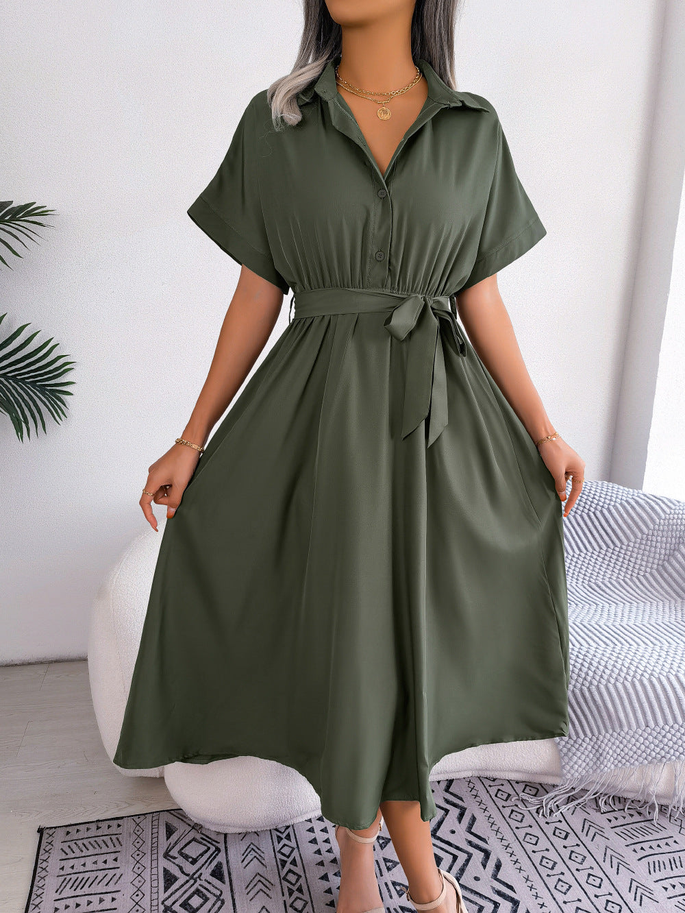 Short Sleeve Collared Tie Belt Dress  Dresses- Doll Fits