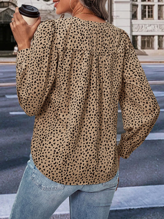 Leopard Notched Neck Puff Sleeve Blouse  - Doll Fits