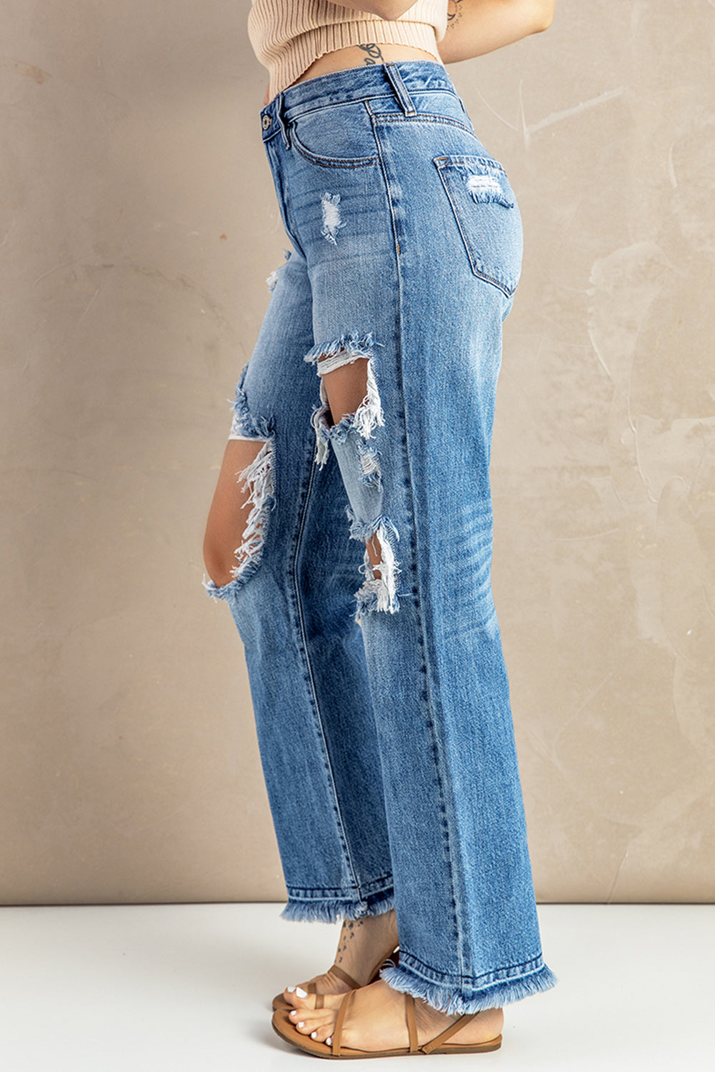 Frayed Hem Distressed Jeans with Pockets  Pants- Doll Fits