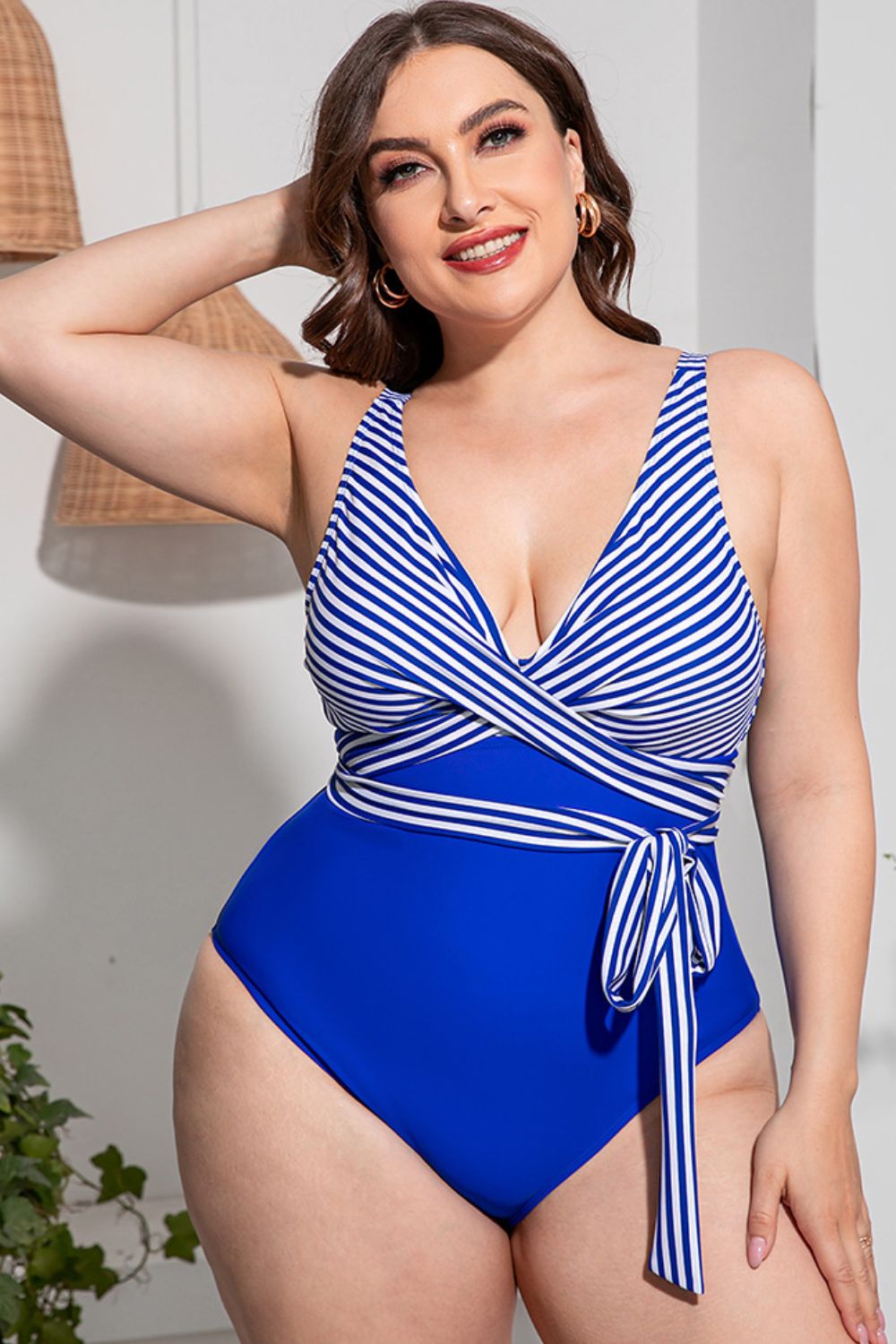 Plus Size Striped Tie-Waist One-Piece Swimsuit  Swimwear- Doll Fits