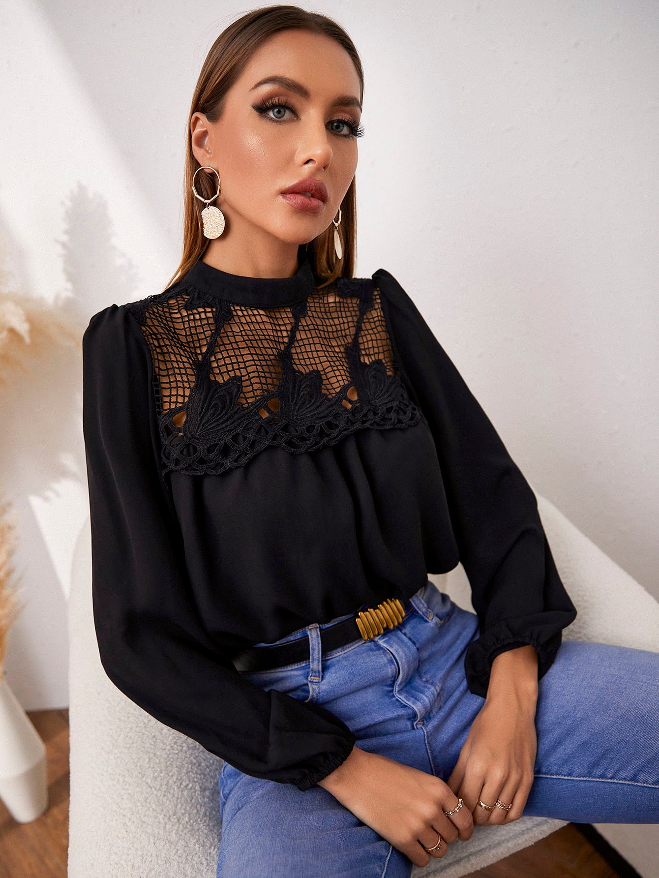 Openwork Round Neck Puff Sleeve Blouse  - Doll Fits