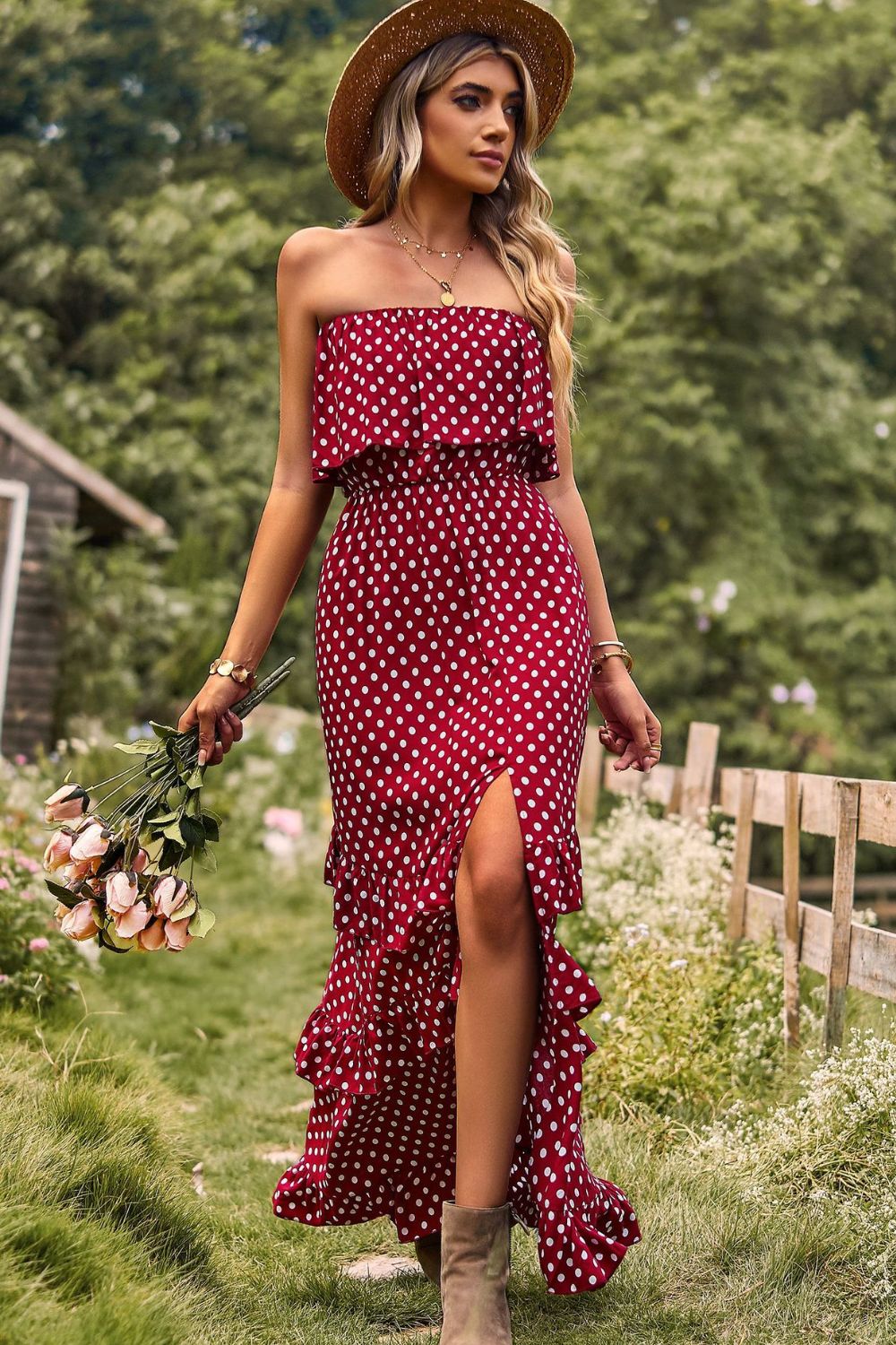 Polka Dot Strapless Slit Ruffled Maxi Dress  Dresses- Doll Fits