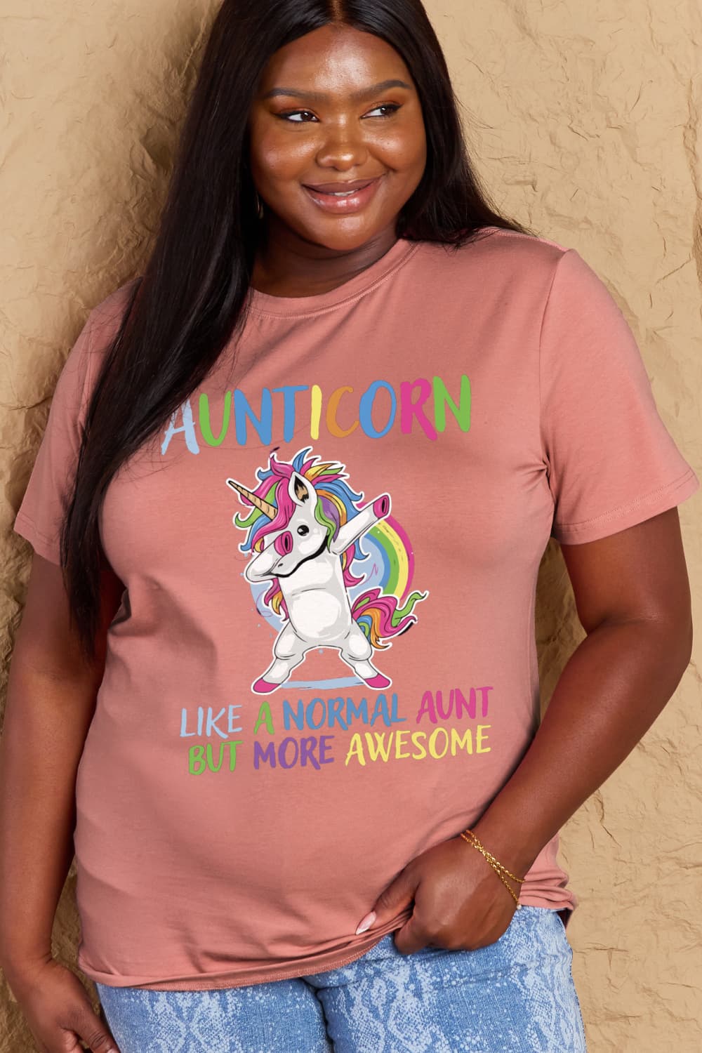 Simply Love Full Size AUNTICORN LIKE A NORMAL AUNT BUT MORE AWESOME Graphic Cotton Tee  - Doll Fits
