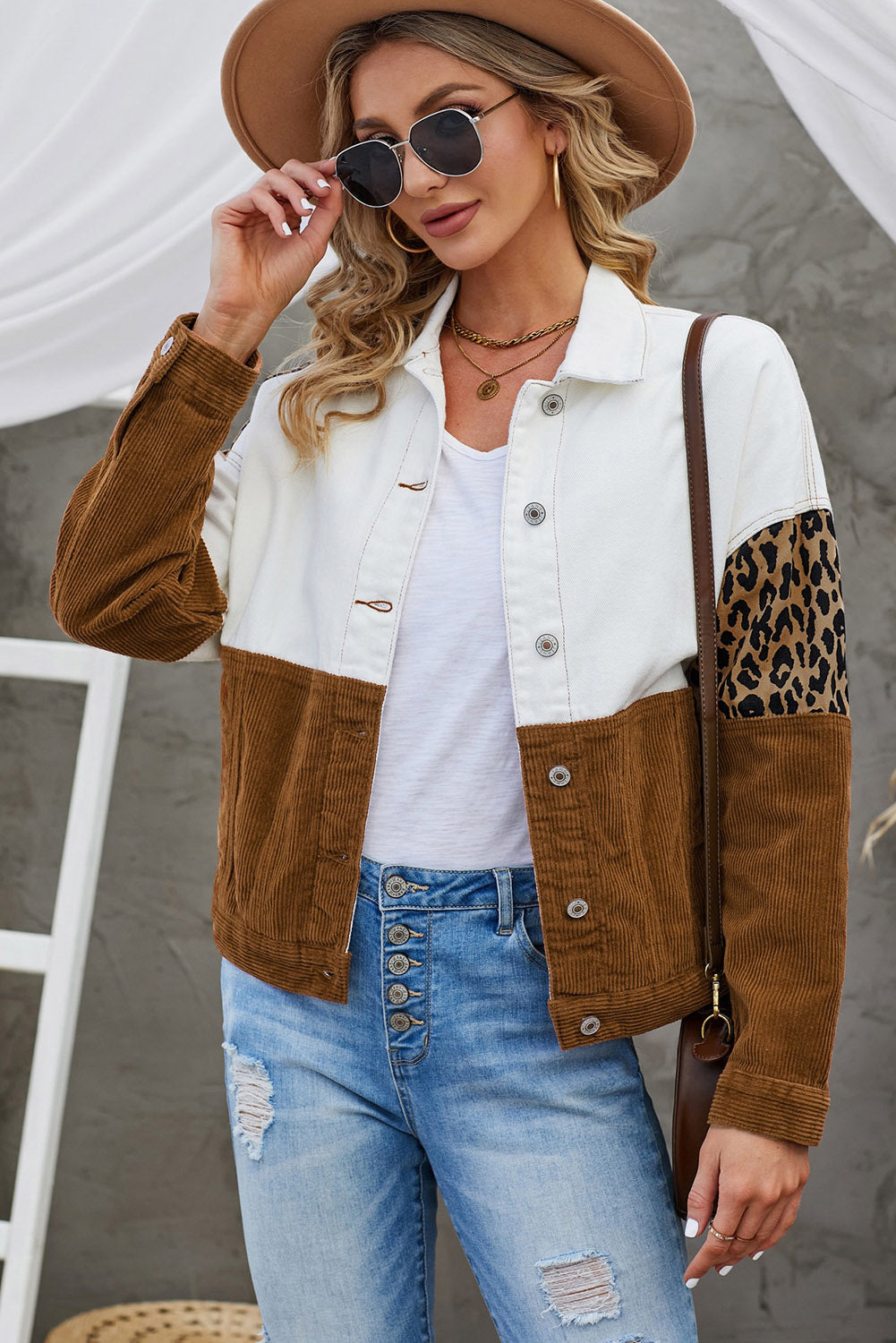 Leopard Color Block Button-Up Corduroy Shacket  - Doll Fits