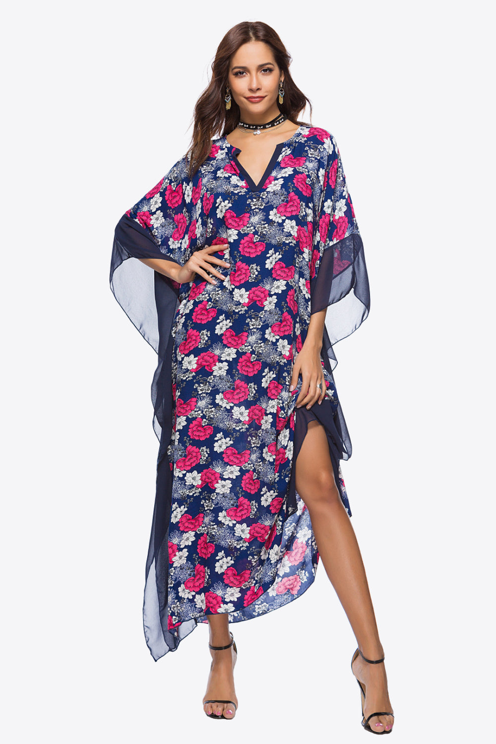 Floral Notched Neck Dolman Sleeve Maxi Dress  Dresses- Doll Fits