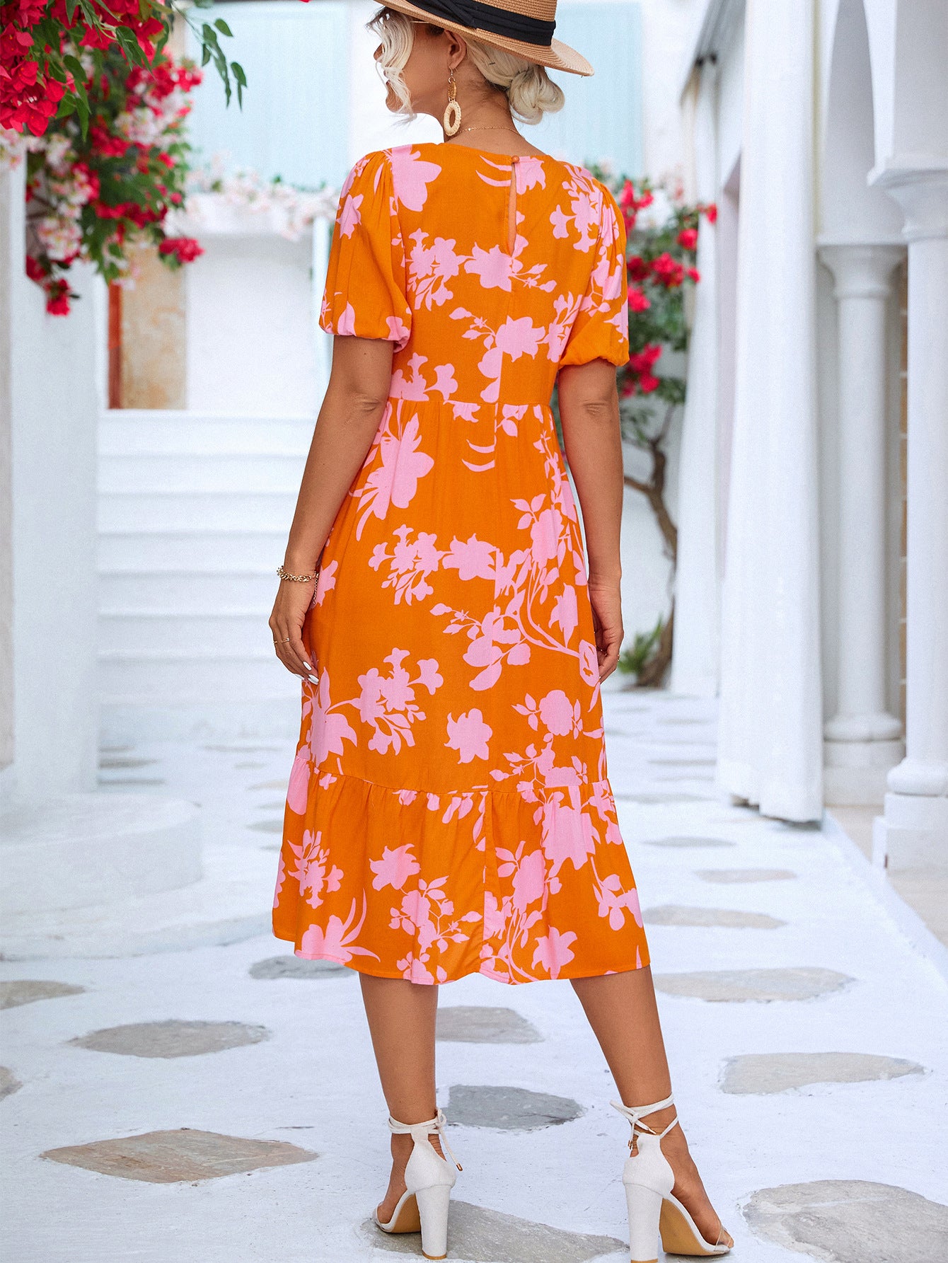 Floral Puff Sleeve Ruffle Hem Midi Dress  Dresses- Doll Fits