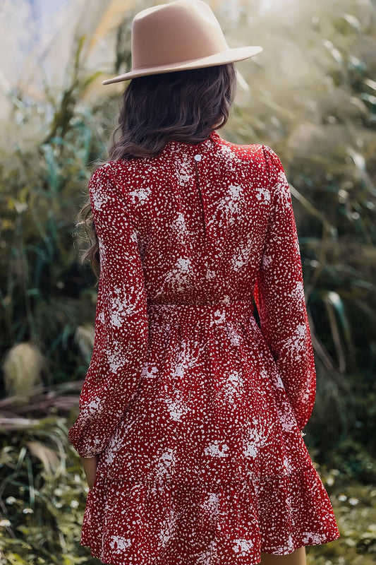 Printed Mock Neck Long Sleeve Tie Waist Mini Dress  Dresses- Doll Fits